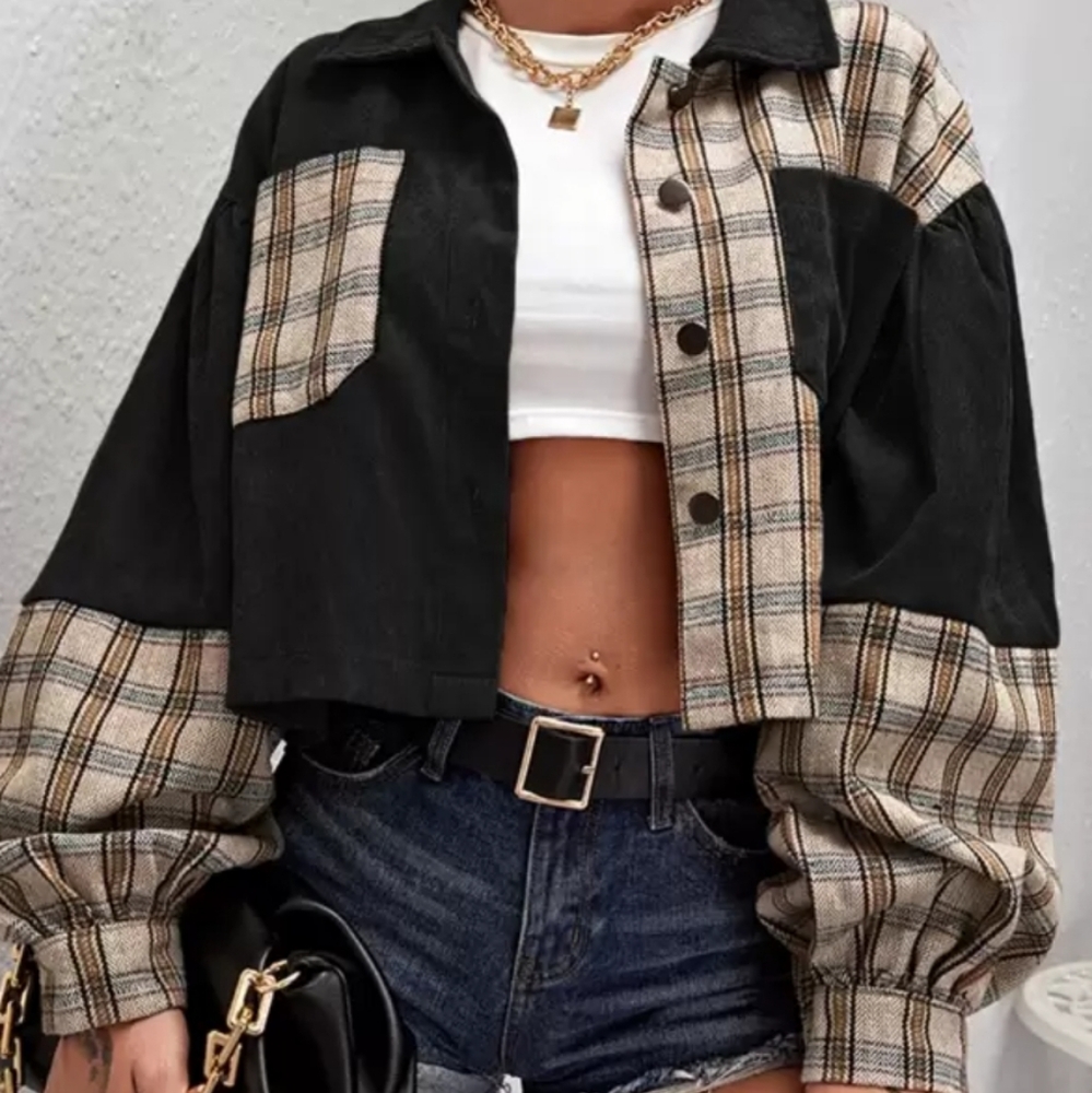 Plaid and Black Cropped Jacket